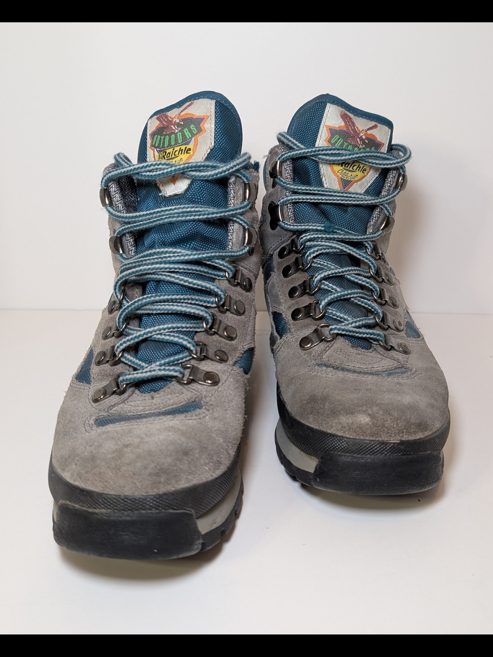 Vintage Raichle Women's Hiking Boots Size 9 - Gray & Teal Suede Mountaineering - Picture 2 of 6